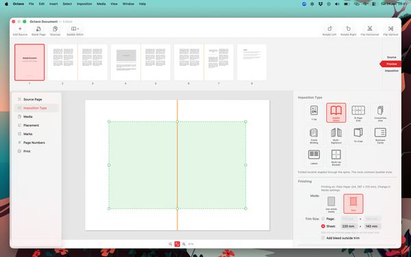 Imposition settings with preview strip